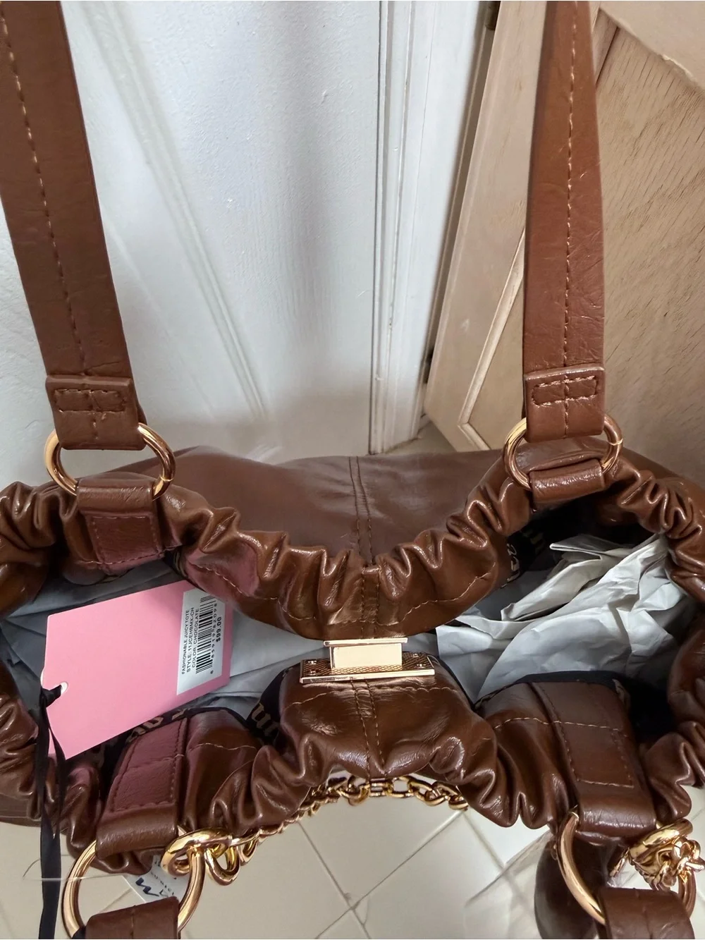 NWT Juicy Couture Fashionable Juicy Tote in  Chocolate Brown Tote w/ Gold Chain